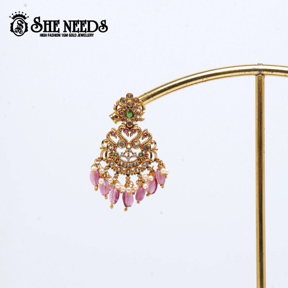 “Temple gold-plated chandbali earrings with pink beads, pearls and multi-stone detailing – SheNeeds Jewellery”