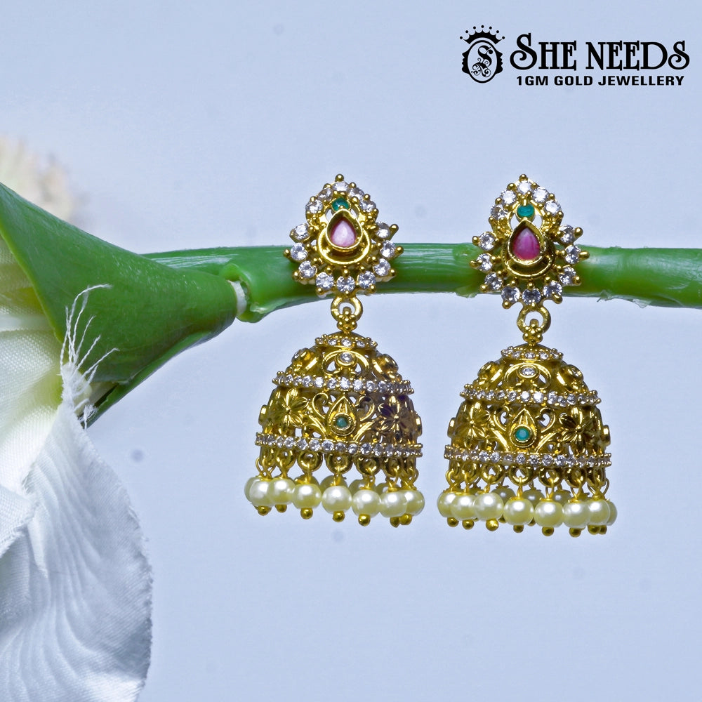 Heritage Stone Temple Jhumka Earrings with Pearl Drops