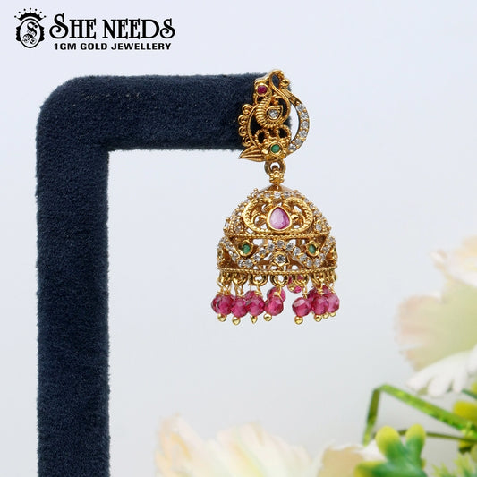 Peacock motif temple jhumka earrings with emerald pink drops – sheneeds jewellery
