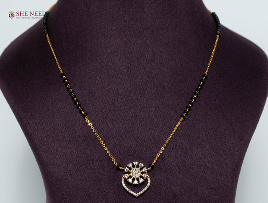 Aadhira Heart Bloom American Diamond Mangalsutra Necklace with Floral Heart CZ Pendant and Black Beads in Gold Plated Finish