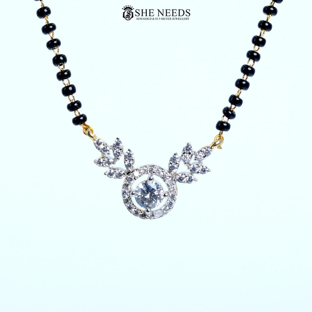 Aarini Gold Plated Halo American Diamond Mangalsutra with Black Beads