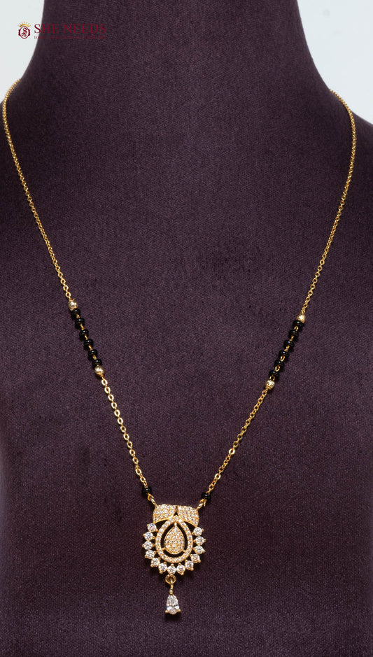 American Diamond Gold Plated Mangalsutra Pendant Necklace with Black Beads for Daily Wear