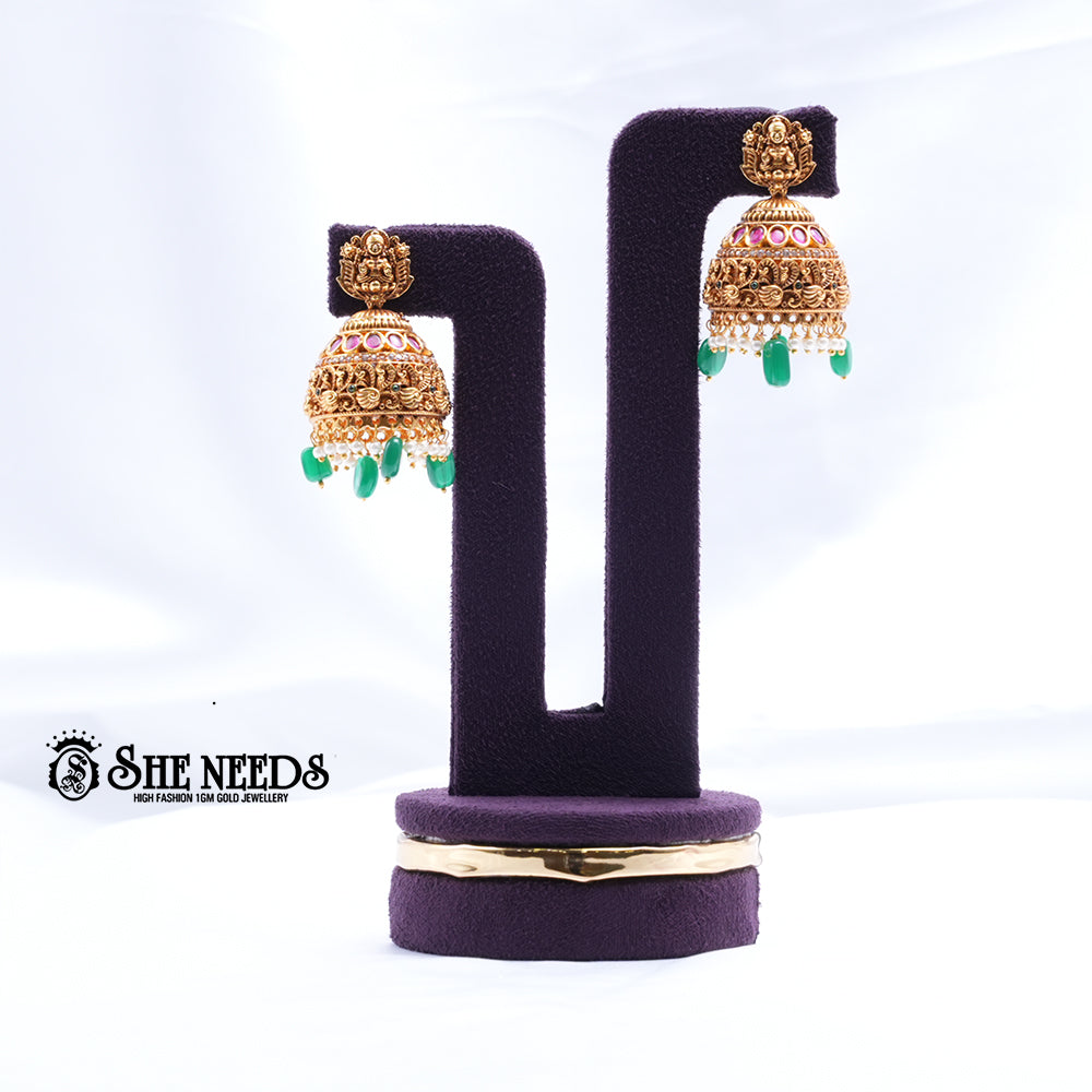 Antique Gold Lakshmi Temple Necklace Set with Green Beads
