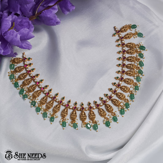 Antique Lakshmi Mint Drop Necklace Set with mint green bead drops and matching earrings