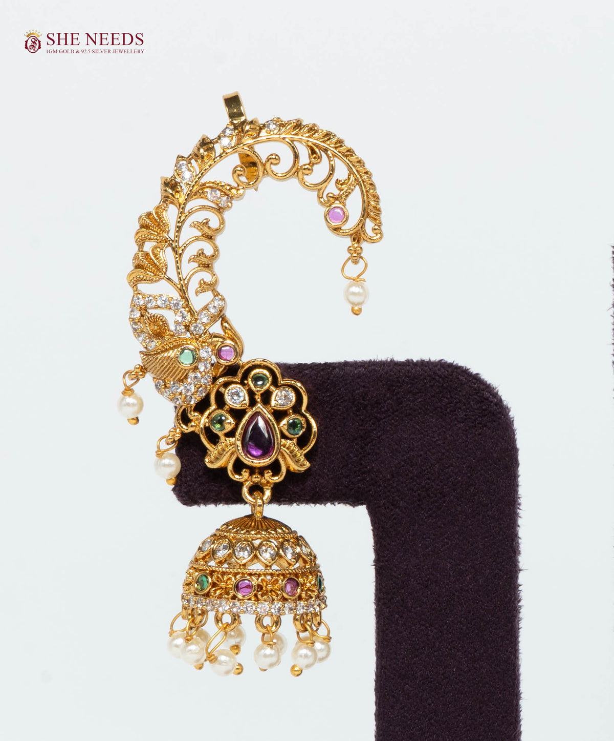 Antique Peacock Ear Cuff Jhumka Earrings with Pearl Drops