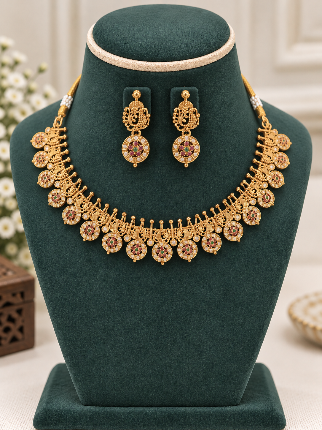 Anvika Short Temple Coin Necklace Set – Green, Pink & Gold