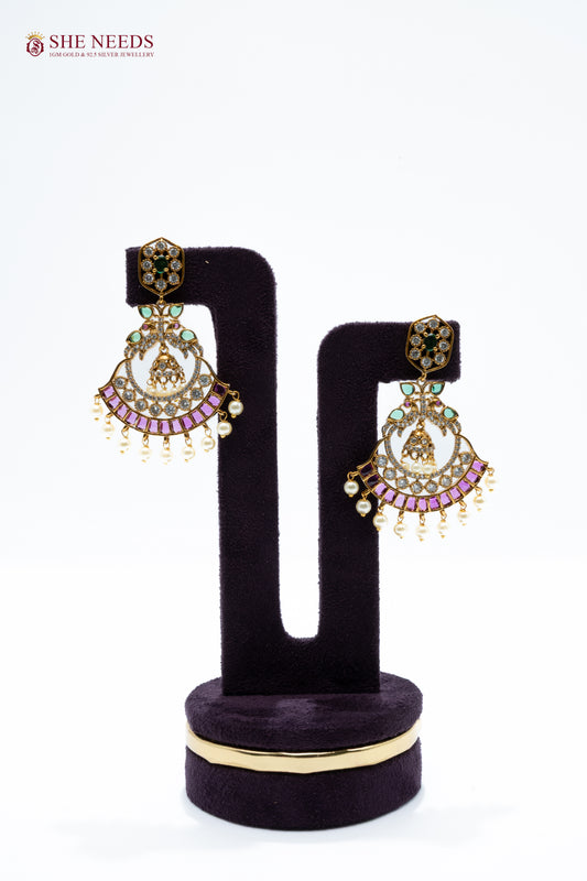 chandbali jhumka earrings pink green stones pearl drops traditional earrings