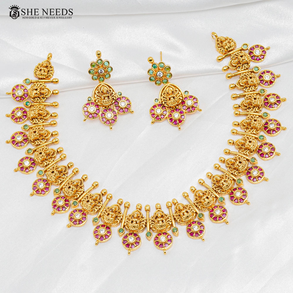 Classic Temple Lakshmi Necklace Set with Ruby & Green Stones