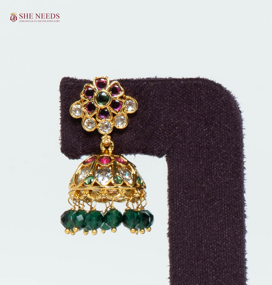 Gold Plated Floral Jhumka Earrings with Green Crystal Beads