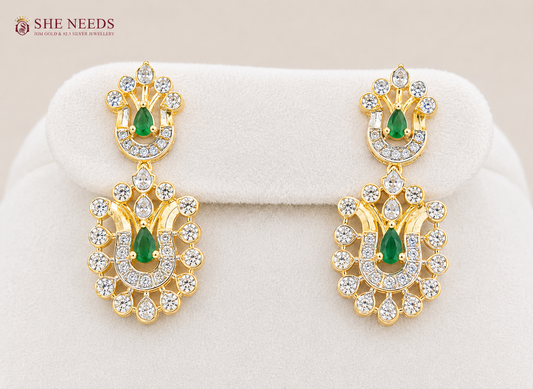 Elegant emerald green AD stone choker necklace set with matching designer earrings in premium gold finish displayed on white mannequin.