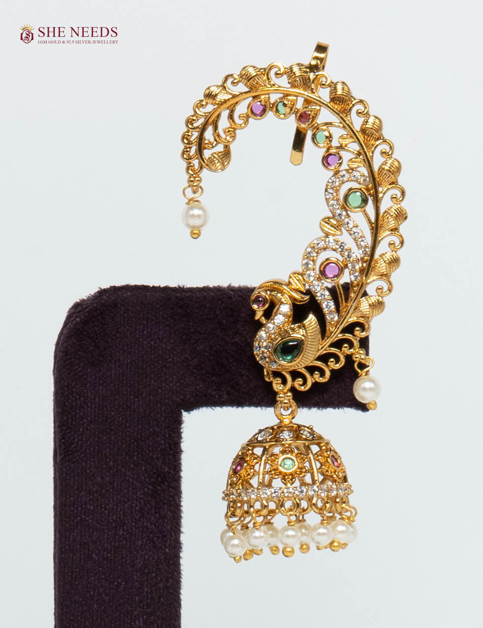 Gold-Plated Peacock Ear Cuff Jhumka Earrings with AD, Multicolor Stones & Pearls