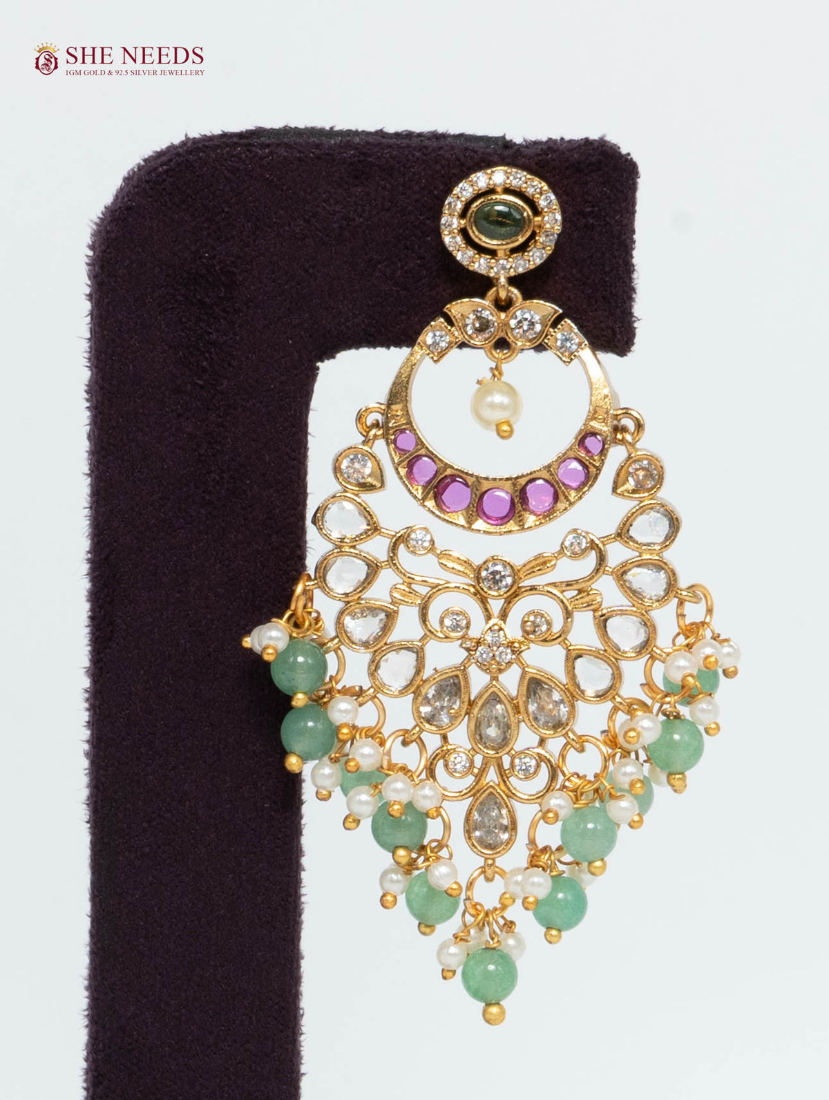 Gold Plated American Diamond Chandbali Earrings with Pearl & Green Beads