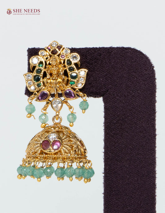 Gold Plated Temple Lakshmi Jhumka Earrings with American Diamonds, Ruby Pink and Emerald Green Stones, Mint Green Bead Drops|She Needs Jewellery