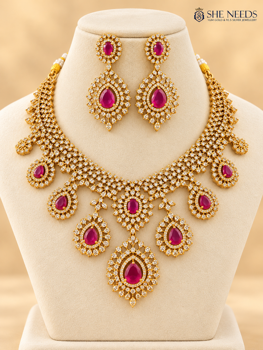 Pink Kamalika AD Floral Choker Necklace Set with gold polish, sparkling white stones, pink teardrop accents and matching drop earrings by She Needs Jewellery.