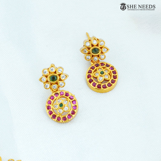 Kamalika gold plated American Diamond floral drop earrings with green and ruby-tone stones and sparkling CZ detailing.|She Needs Jewellery