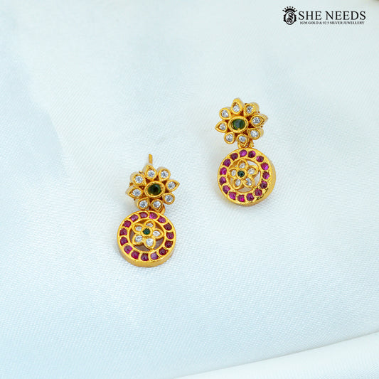 Kamalika matte gold plated floral earrings with American Diamond, ruby and green stone accents|She Needs Jewellery