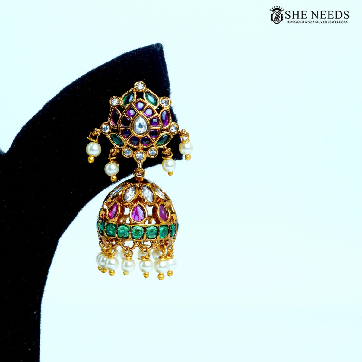 Kavisha Floral Dome Jhumka Earrings – Green, Pink & Gold