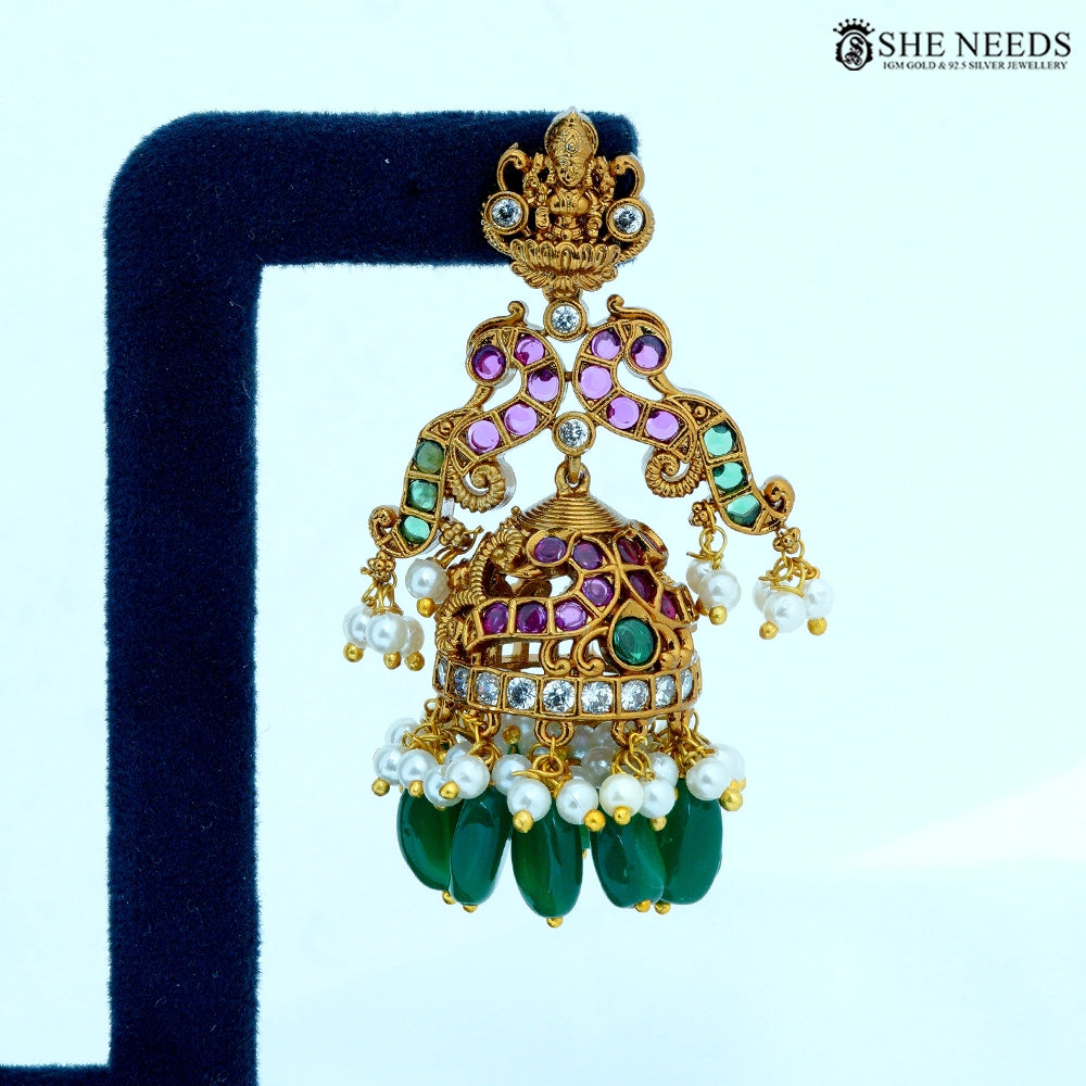 Lakshmika Antique Gold Temple Jhumka Earrings with Green Beads