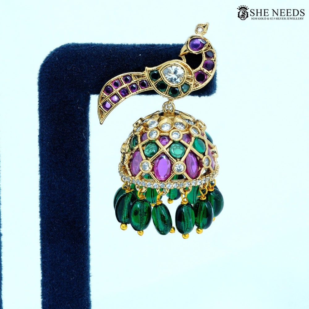 Mayurika Antique Gold Peacock Feather Jhumka Earrings with Green Beads