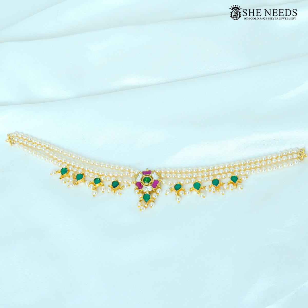 Niharika Pearl Floral Choker Necklace – Green & Pink