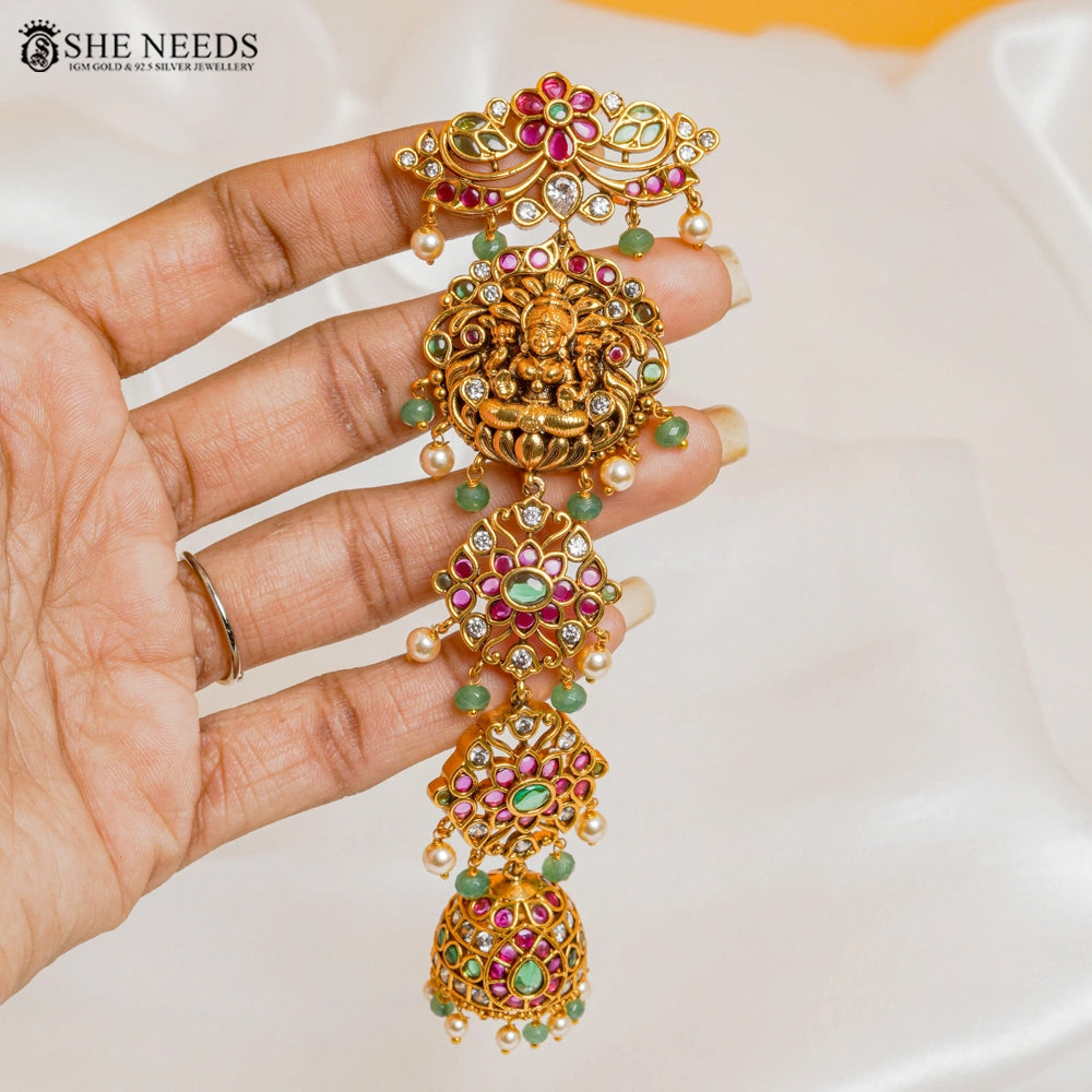 Temple Lakshmi Jada Settu with Kemp Stones & Green Beads