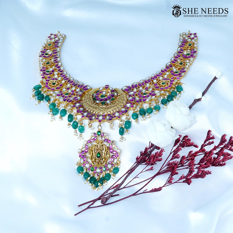 Royal Purple Kundan Short Necklace with Green Beads Pendant