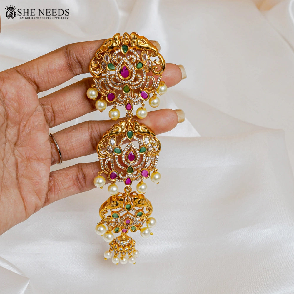 Lakshmi Peacock Kemp Stone Jada Settu with Pearl Drops