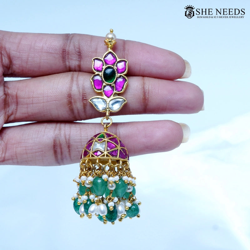 Pink Kundan Jhumka Earrings with Green Beads & Pearl Drops