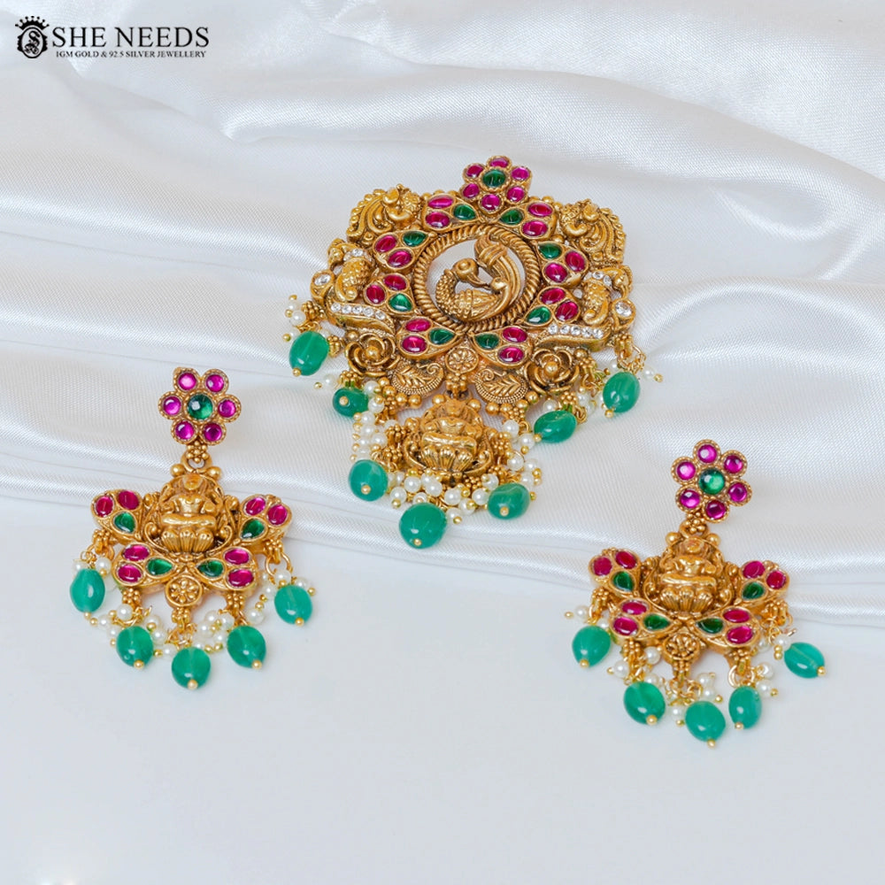 Lakshmi Peacock Temple Pendant Set with Green Drops