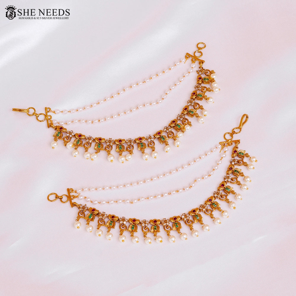 Traditional Champasaralu Ear Chain with Pearls & Stones