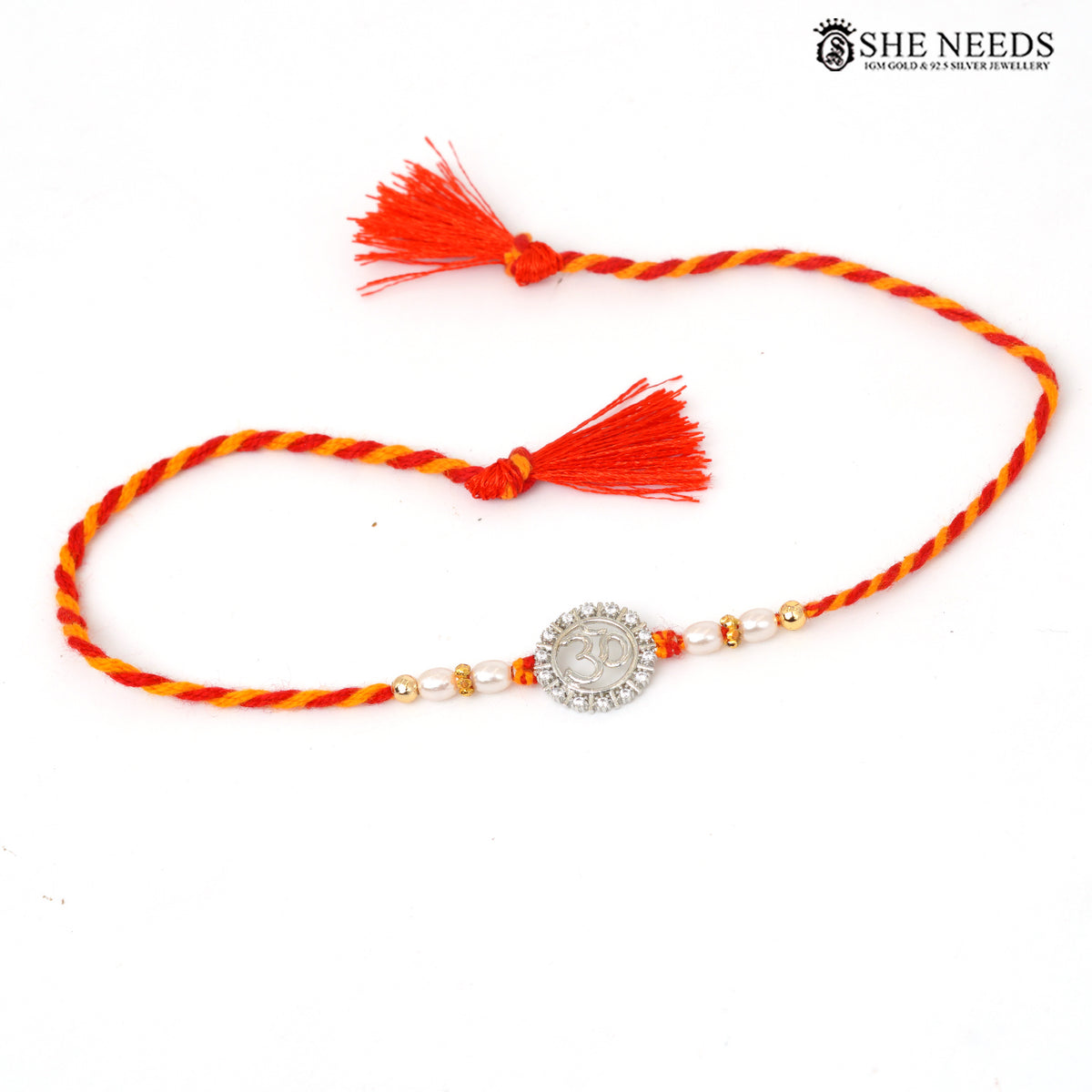 Om Divine 925 Silver Rakhi with Pearl Beads & Red-Yellow Thread