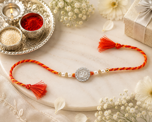 Om Divine 925 Silver Rakhi with Pearl Beads & Red-Yellow Thread