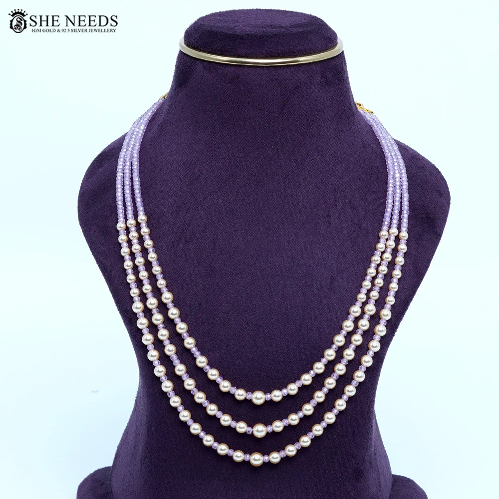 Classic Lavender Swarovski pearls with C.Z Beads Chain Necklace