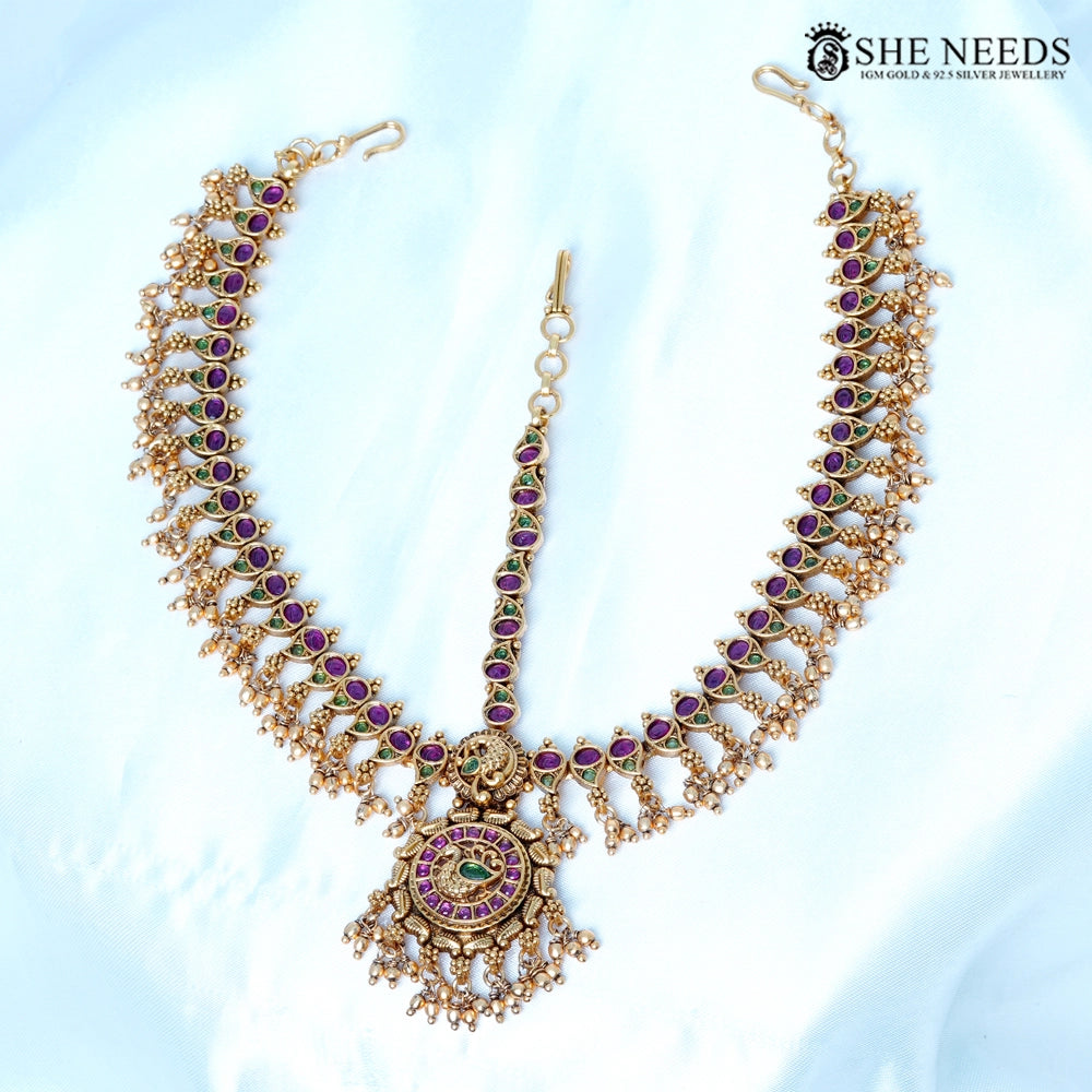 Antique Ruby Green Bridal Headset (Matha Patti) with Pearl Hangings
