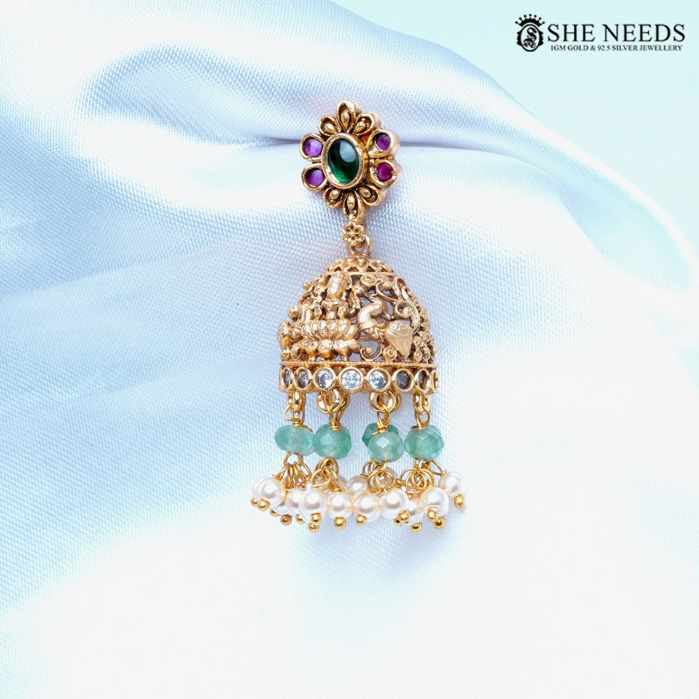 Temple Nakshi Lakshmi Short Necklace Set with Pearl & Green Beads