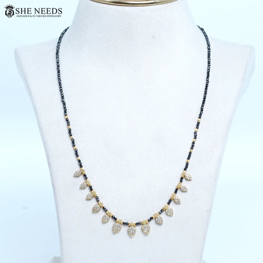 Elegant Leaf CZ with Black Beads Mangalsutra