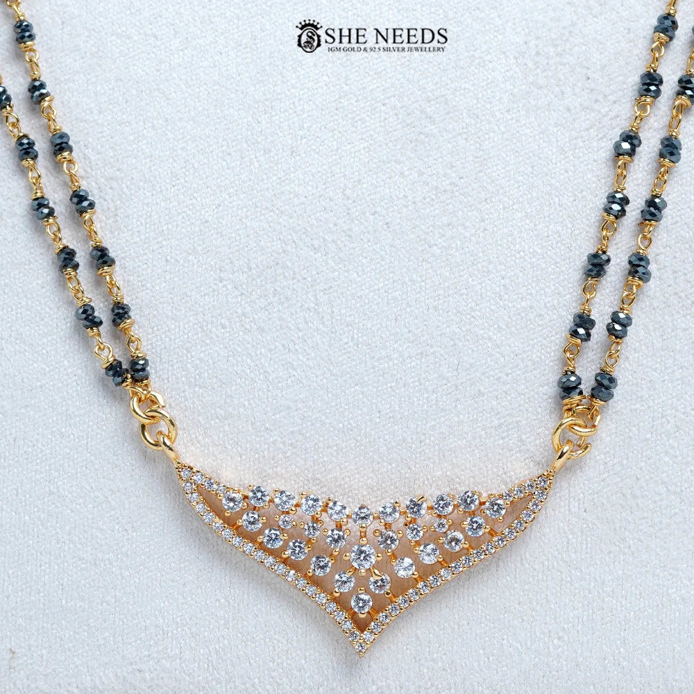 Elegant Curved CZ Mangalsutra with Black Beads