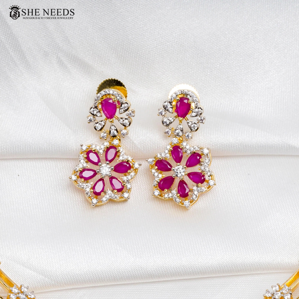 Floral CZ Diamond Necklace Set with Green Stone Highlights