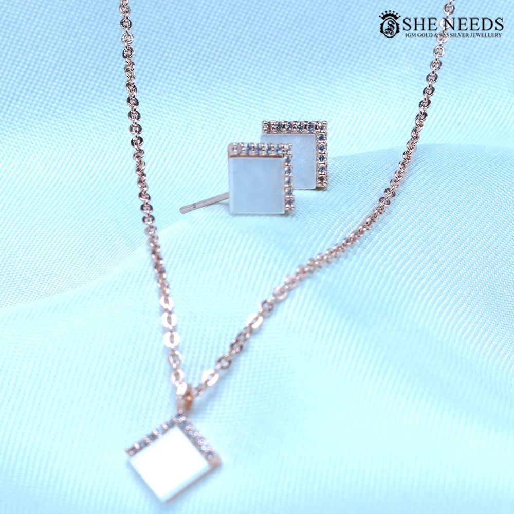 Square CZ Frame Rose Gold Pendant Chain