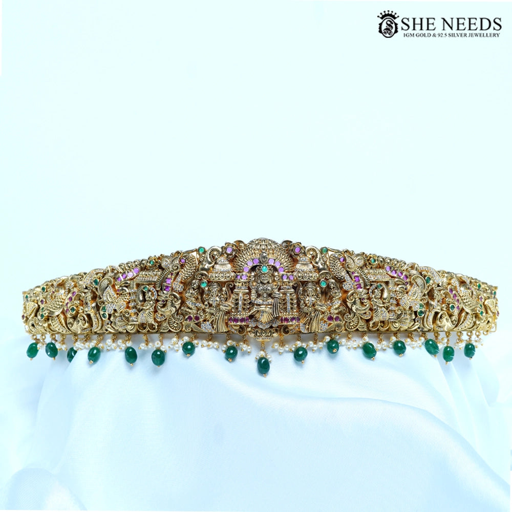 Lakshmi Temple Antique Vaddanam with Emerald Beads Waist Belt