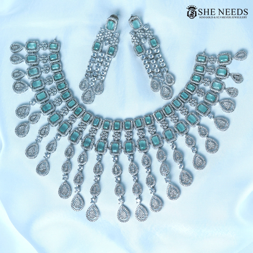Aqua Emerald Victorian Long Necklace Set with Tear Drop CZ Hangings