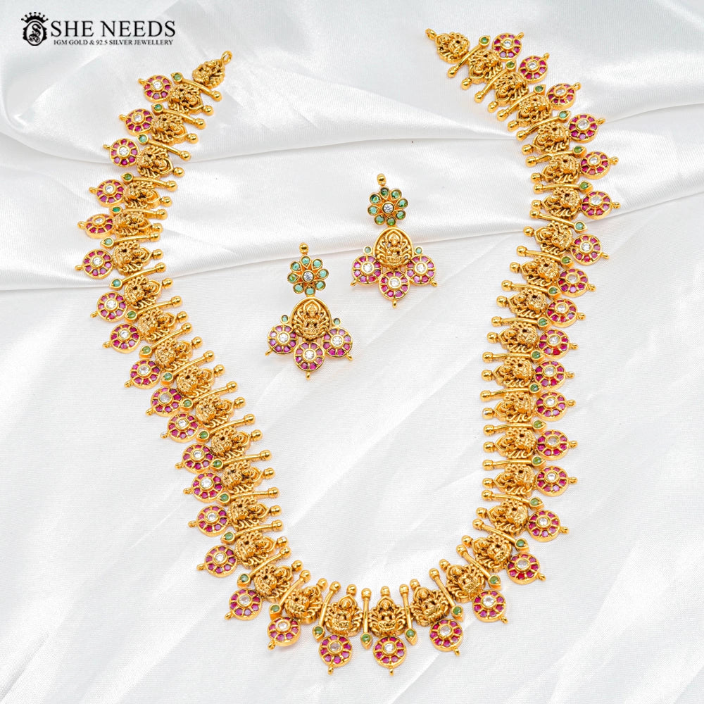 Traditional Temple Gold Necklace Set with Lakshmi Motifs & Ruby Green Stones