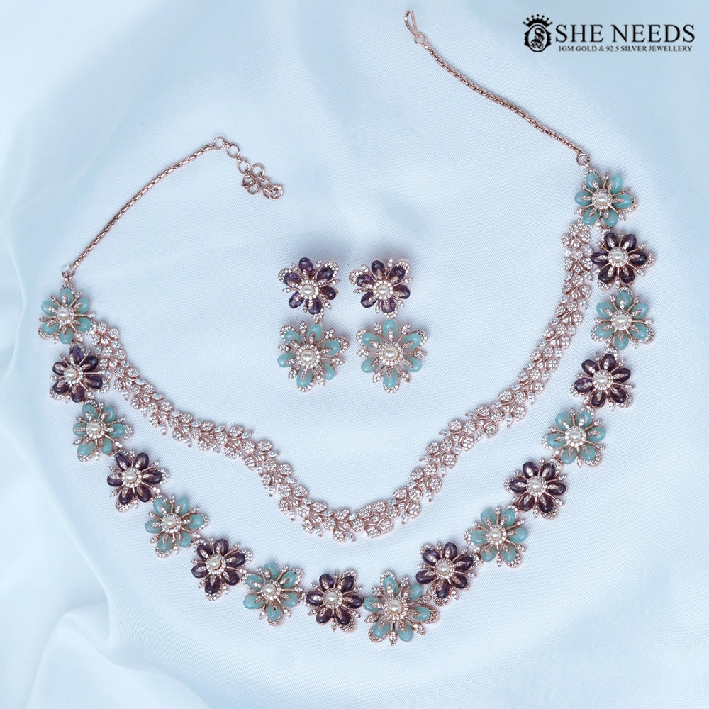 Floral Mint & Plum CZ Victorian Short Necklace Set
