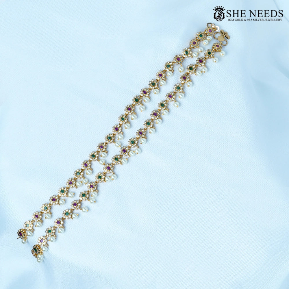 Ruby Emerald Pearl Drop CZ Anklets (Pair)