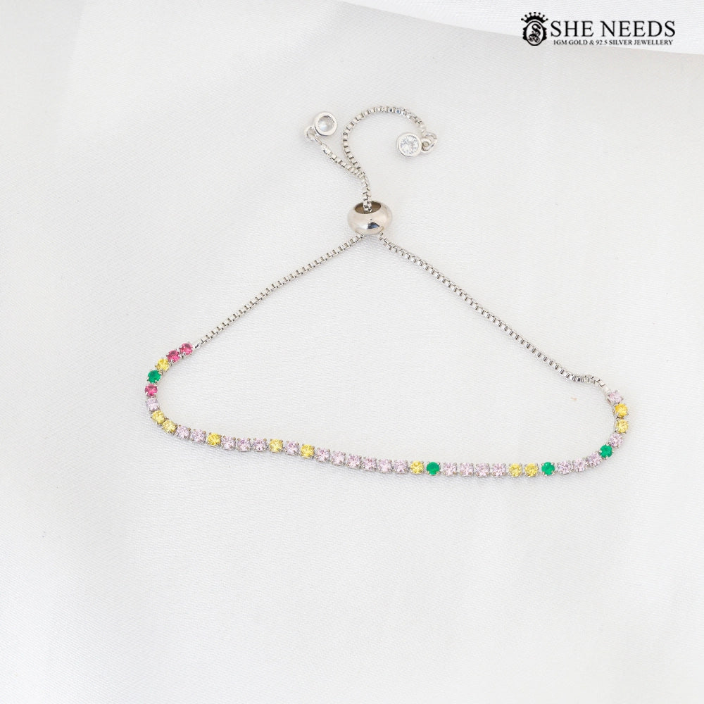 Multicolor CZ Adjustable Tennis Bracelet with Silver Finish