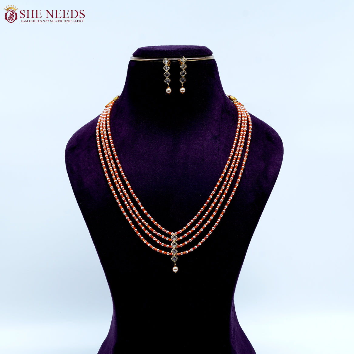 Orange Pearl Drop Beads Necklace Set