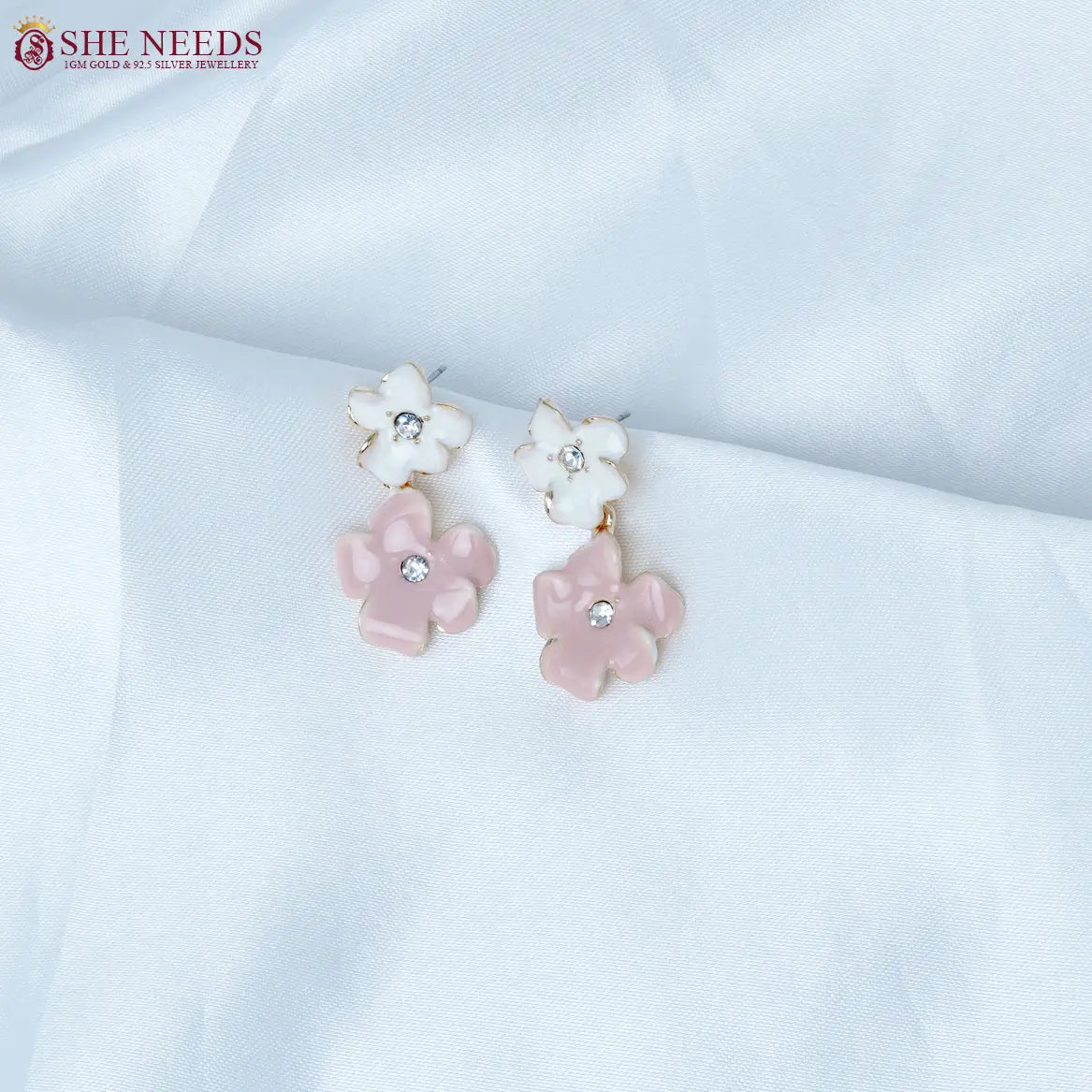 Blue & White Enamel Duo Flower Fancy Earrings