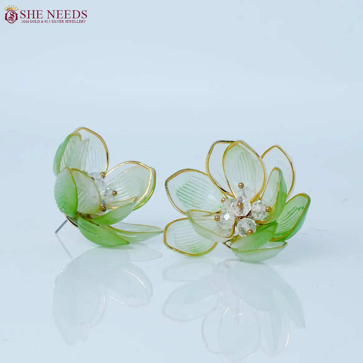 Mint Bloom Crystal Floral Fancy Earrings