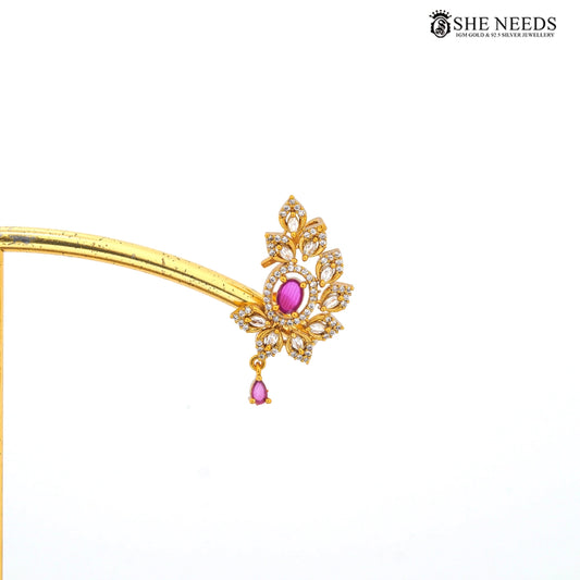 Gold Finish Floral CZ Stud Earrings with Green Stone