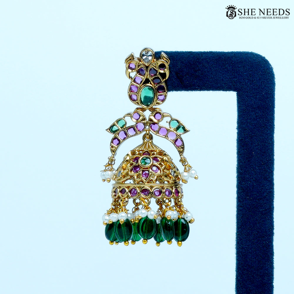 Pushpika Antique Gold Floral Arch Temple Jhumka Earrings with Green Beads